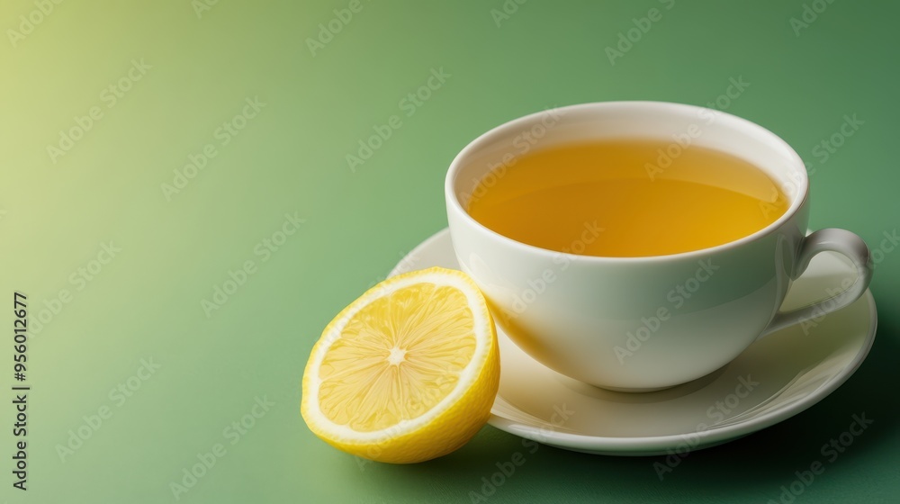 Fresh Lemon Tea in White Cup and Saucer on Green Background Fresh Lemon Tea in White Cup and Saucer on Green Background