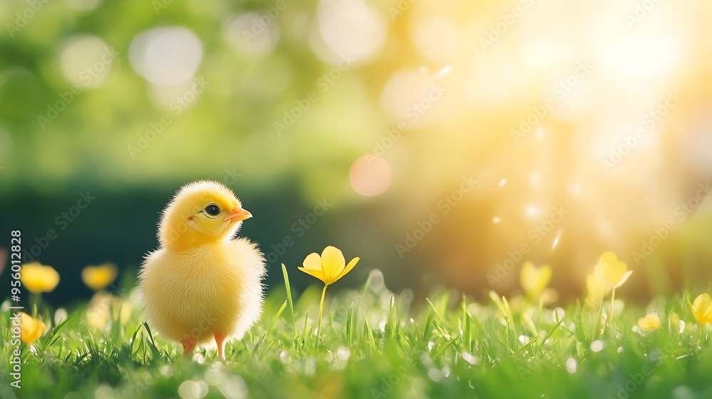 Curious Baby Chick Exploring Sunlit Farmyard with Fresh Green Grass Curious Baby Chick Exploring Sunlit Farmyard with Fresh Green Grass
