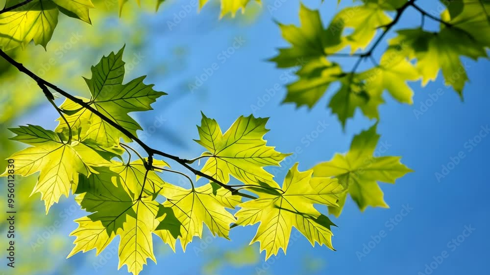 Captivating close-up of vibrant maple leaves against a clear blue sky in early spring Captivating close-up of vibrant maple leaves against a clear blue sky in early spring