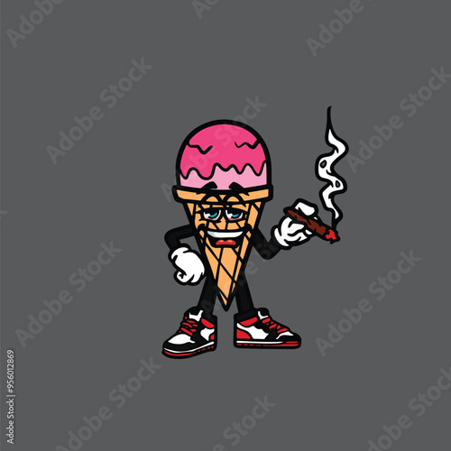 food smoking character gelato cartoon mascot logo leaf face happy with holding nug