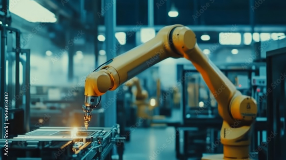 Automation manufacturing process demonstrated by a smart industry robot arm in a digital factory using IOT software to manage operations. Automation manufacturing process demonstrated by a smart industry robot arm in a digital factory using IOT software to manage operations.