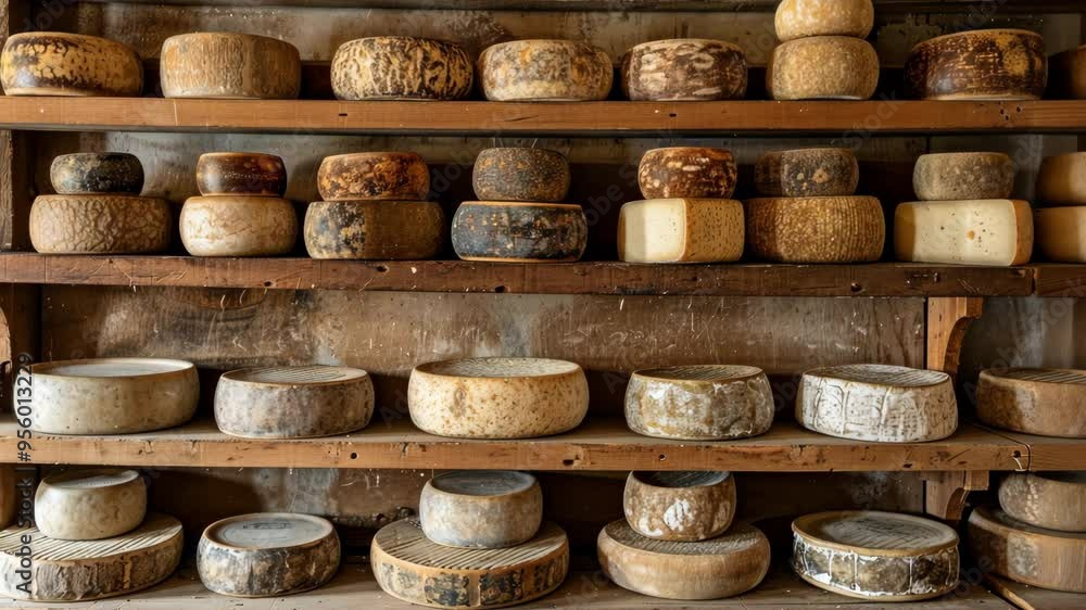 Exploring a rustic cheese shop with a variety of artisan cheeses displayed on wooden shelves Exploring a rustic cheese shop with a variety of artisan cheeses displayed on wooden shelves