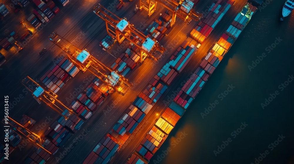 International shipping port at night containers being loaded with precision highlighting the global logistics network. International shipping port at night containers being loaded with precision highlighting the global logistics network.
