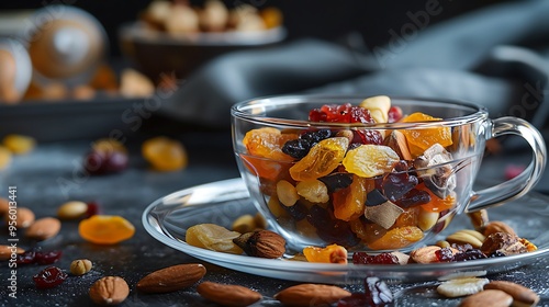 Fototapeta Naklejka Na Ścianę i Meble -  A little cup filled with an elliptical glass plate that has a cobbler with different dry fruits