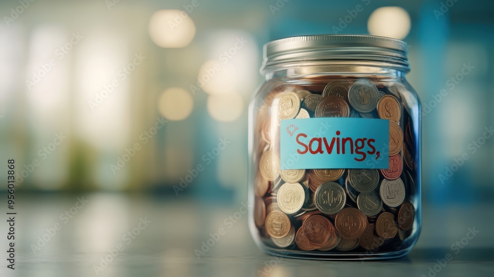 Glass Jar Full of Coins with Savings Label Glass Jar Full of Coins with Savings Label