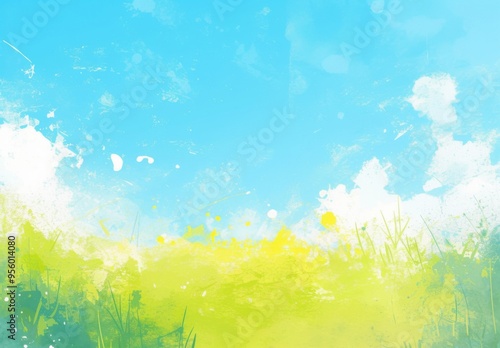 Watercolor Background with Light Blue and Green Pastel Colors Featuring a Grassy Field and Sky