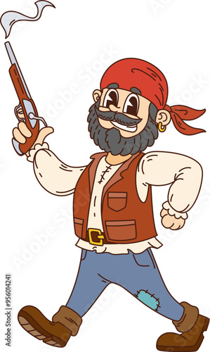 Retro cartoon groovy pirate and corsair character holding steaming gun. Isolated vector sailor, skipper or sea boatswain filibuster personage with bandana and happy grin ready for fight and adventures