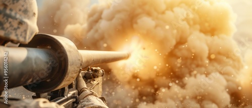Artilleryman aiming the cannon, battlefield background, natural lighting