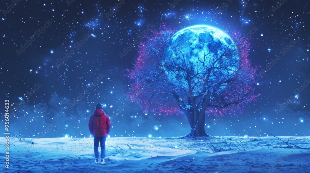 Obraz premium Man in Red Contemplates a Blue Moon, Illuminating a Snowy Landscape and Ethereal Tree