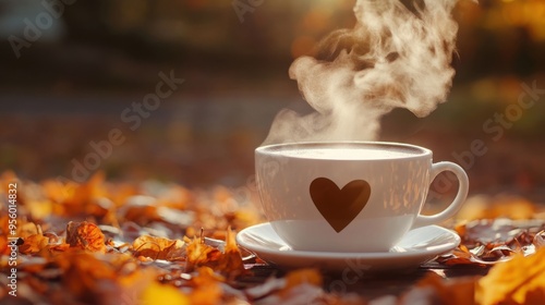 A heartdecorated coffee cup rests on a pile of leaves photo