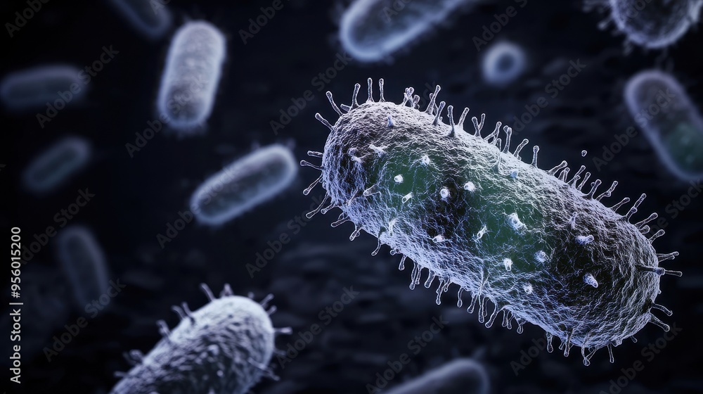 Close-up of microscopic bacteria on a dark background, scientific illustration, microbiology study Close-up of microscopic bacteria on a dark background, scientific illustration, microbiology study