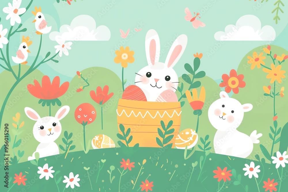 Easter baskets, Easter bunnies, colorful eggs, chicks, Easter flowers, cute lambs, flat design illustration Easter baskets, Easter bunnies, colorful eggs, chicks, Easter flowers, cute lambs, flat design illustration