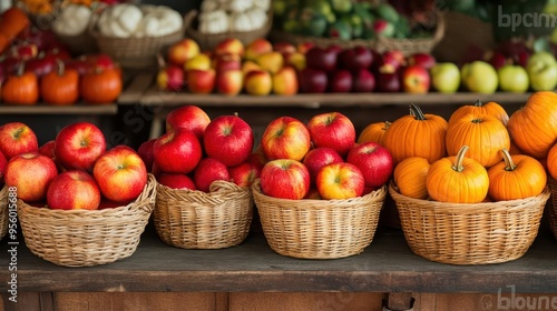 A farmer's market stall with baskets of apples, pumpkins, and squash, farmer's market, apples, pumpkins