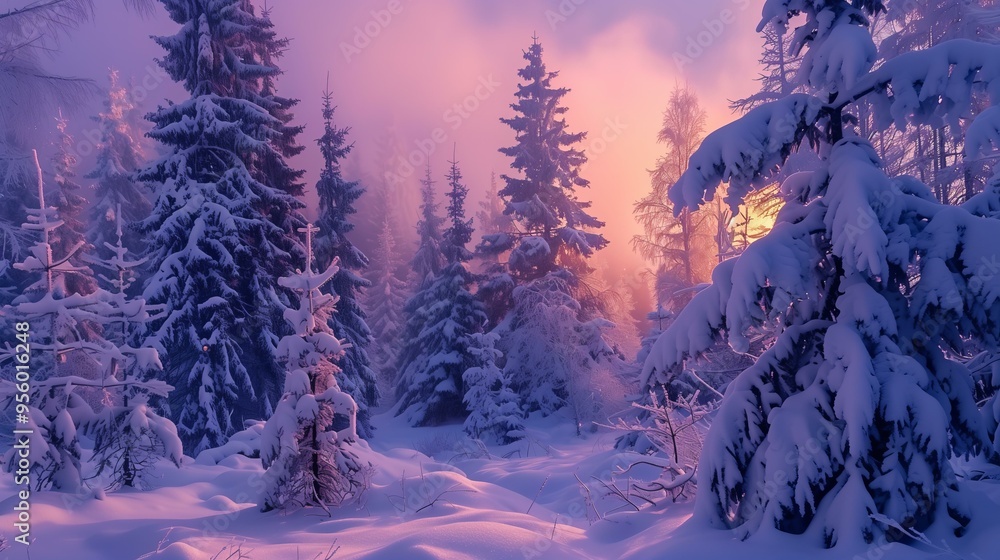 winter forest with fir trees covered in fluffy snow, pink light winter forest with fir trees covered in fluffy snow, pink light