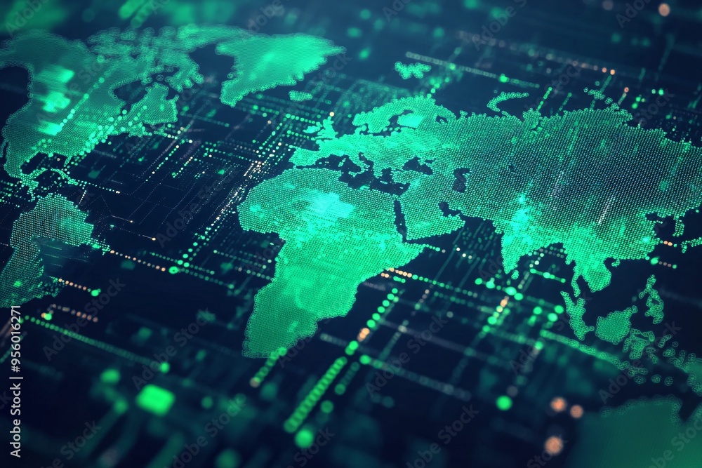 An abstract world map composed of digital code, layered with financial charts and graphs in bright green and blue hues An abstract world map composed of digital code, layered with financial charts and graphs in bright green and blue hues