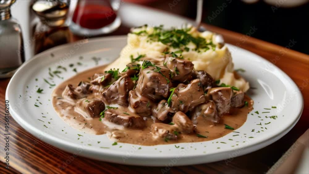 Beef stroganoff dish with gravy and mashed potatoes on white plate Beef stroganoff dish with gravy and mashed potatoes on white plate