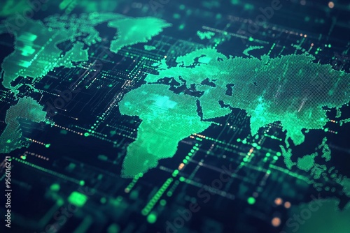 An abstract world map composed of digital code, layered with financial charts and graphs in bright green and blue hues