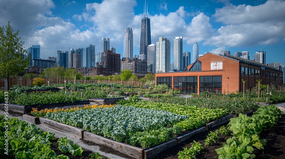 Fototapeta premium Urban rooftop farm with rows of vegetables and herbs growing in raised beds and planters city buildings in the background showcasing the integration of agriculture and urban life Stock Photo with
