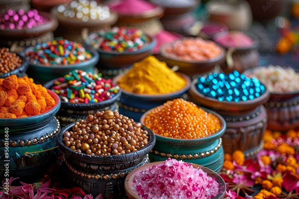 a group of bowls of colorful food. a group of bowls of colorful food.