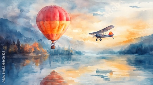 A watercolor masterpiece of a hot air balloon and vintage airplane flying in harmony, their vibrant colors reflecting on a calm lake below