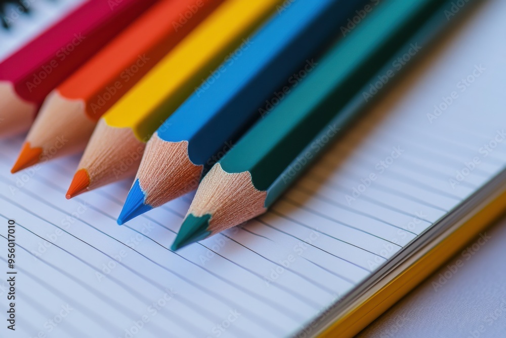 Colorful pencils beside a spiral notebook on a blue surface Colorful pencils beside a spiral notebook on a blue surface