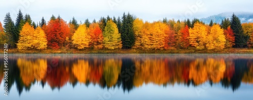 A serene lake reflecting the vibrant autumn colors of surrounding trees, autumn lake, reflection, vibrant colors