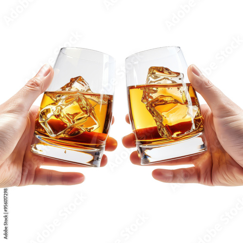 Two hands holding glasses of whiskey with ice, making a toast, isolated on white background.