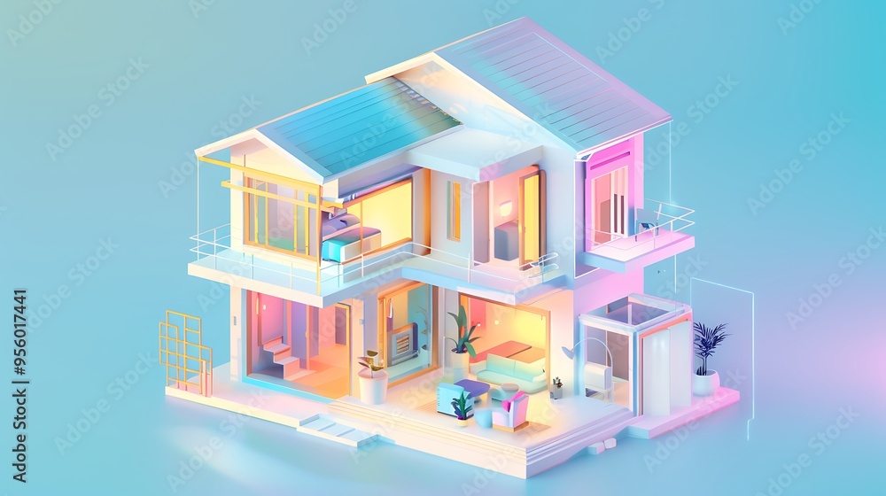 Cyberpunk-style isometric illustration of a two-story house, with pastel colors and sections of walls and roof opened to reveal the interior. Cyberpunk-style isometric illustration of a two-story house, with pastel colors and sections of walls and roof opened to reveal the interior.