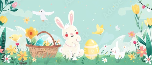 Easter bunnies, Easter flowers, colorful eggs, Easter baskets, chicks, cute lambs, flat design illustration