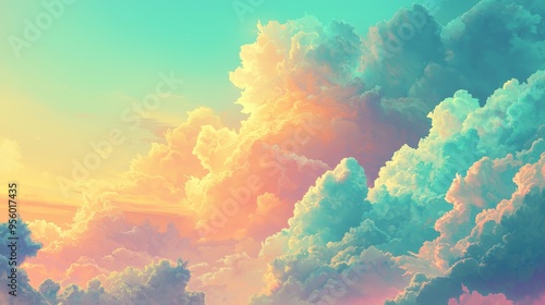 Fototapeta Naklejka Na Ścianę i Meble -  A beautiful painting showcasing a vibrant and colorful cloudy sky at sunset