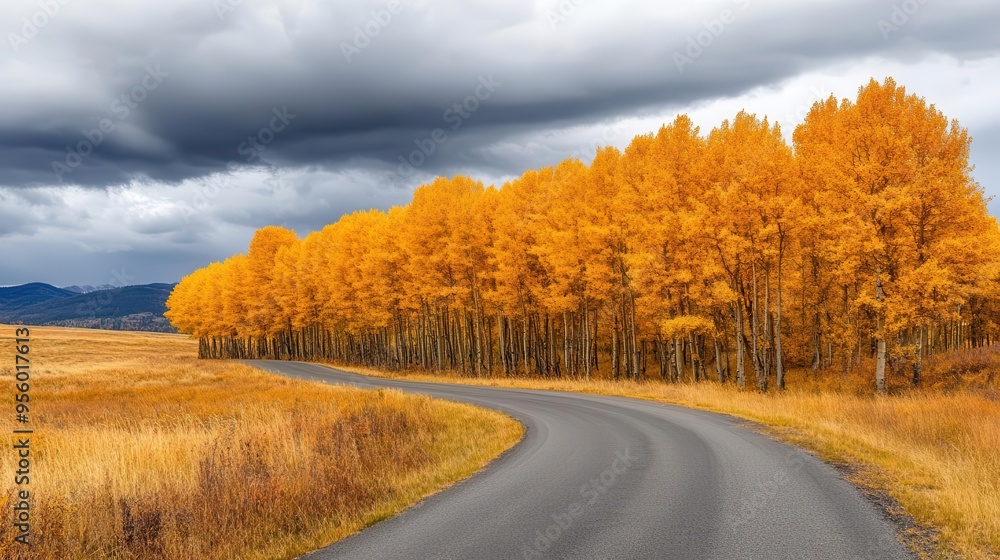 Obraz premium A winding country road lined with golden trees under a cloudy autumn sky, country road, golden trees, autumn sky