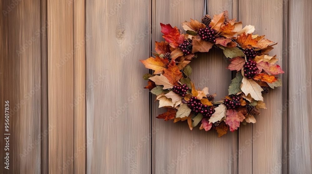 A wreath made of dried autumn leaves and berries hanging on a wooden door, autumn wreath, dried leaves, wooden door A wreath made of dried autumn leaves and berries hanging on a wooden door, autumn wreath, dried leaves, wooden door