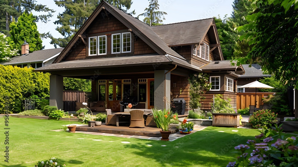 A lovely chocolate brown craftsman style home with a cookout in the backyard