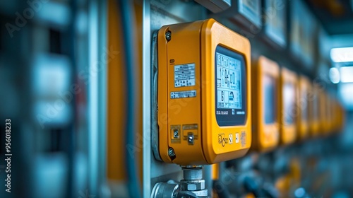 Close-up of a smart energy meter display inside a home showing real-time energy production from solar panels promoting awareness of energy consumption and efficiency in renewable energy systems Stock