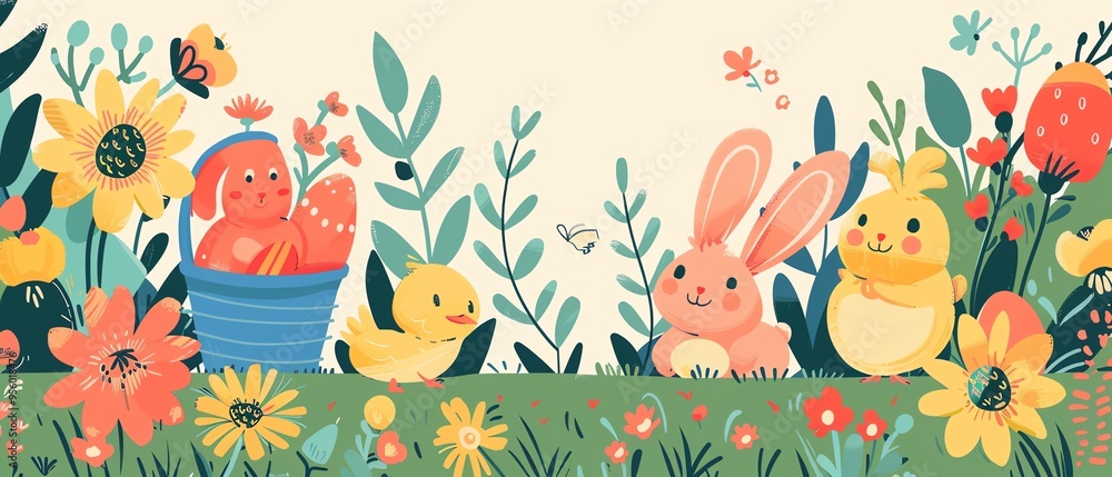 Obraz premium Easter flowers, colorful eggs, Easter bunnies, Easter baskets, chicks, cute lambs, flat design illustration