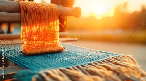 Handwoven Textile Displayed on Loom with Warm Sunlight Illumination photo