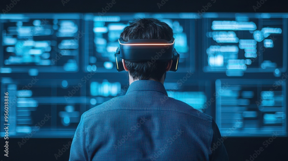 A person using a virtual reality headset, immersed in a digital environment, with interactive holographic displays in the background. A person using a virtual reality headset, immersed in a digital environment, with interactive holographic displays in the background.