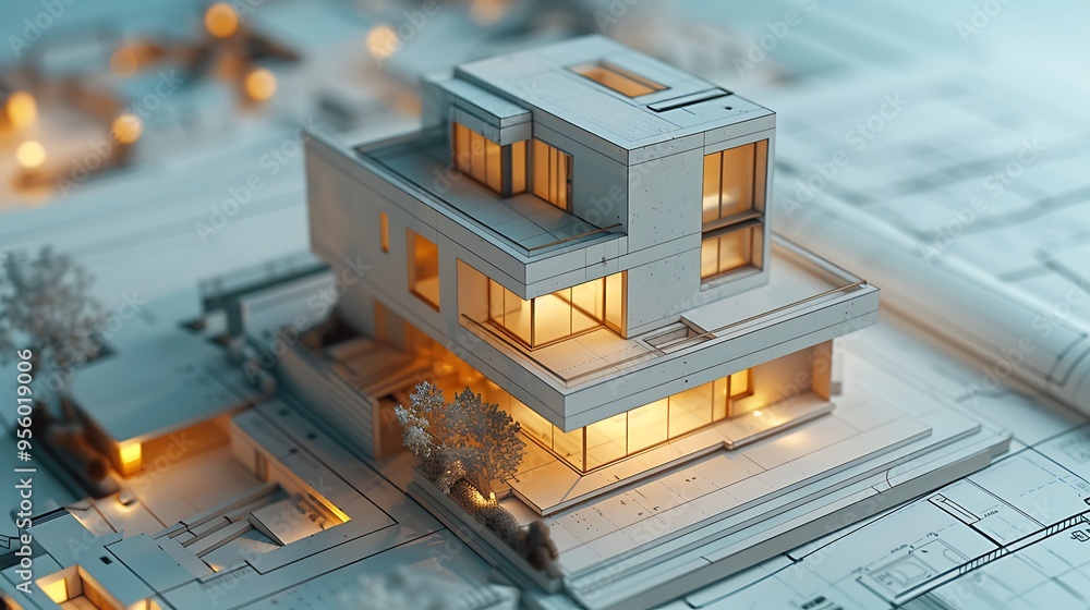 Detailed close-up of a 3D-rendered modern house model on an architectural blueprint, showcasing the fusion of design and construction planning Detailed close-up of a 3D-rendered modern house model on an architectural blueprint, showcasing the fusion of design and construction planning