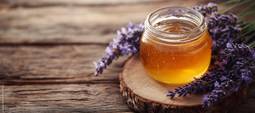 Jar with honey and fresh lavender Jar with honey and fresh lavender