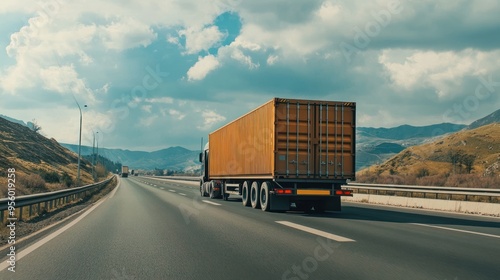 Semi-trailer truck driving on a highway in the mountains