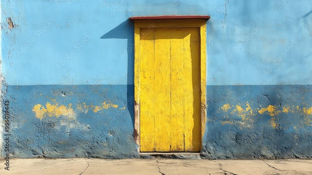 Yellow door on blue and teal wall. This photo is great for an abstract art or architecture project. Yellow door on blue and teal wall. This photo is great for an abstract art or architecture project.