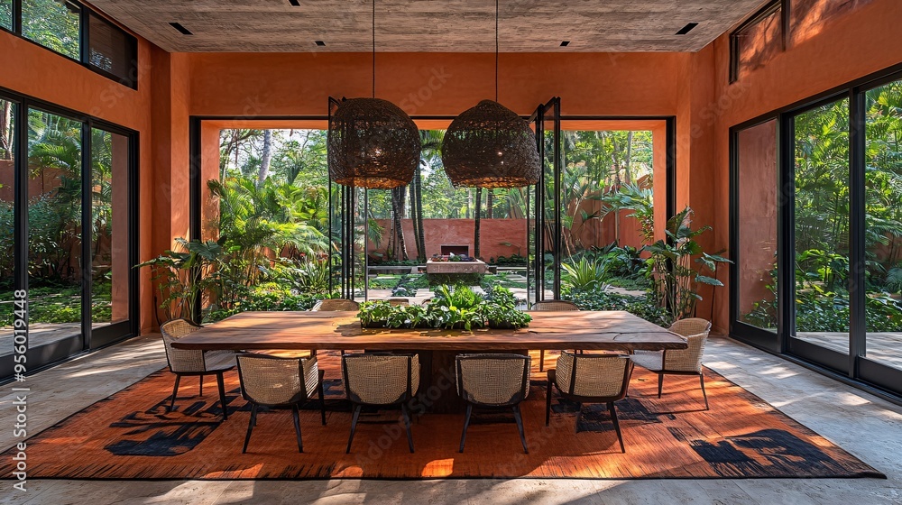Fototapeta premium Dining room showcases a large wooden table crafted from sustainable materials surrounded by chairs with natural fabric cushions a centerpiece of potted herbs not only decorates but also serves as
