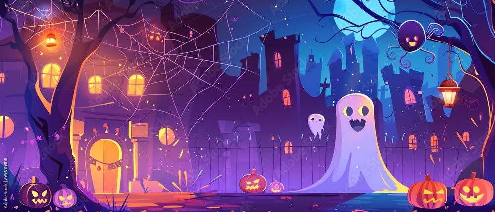 Obraz premium Spider webs, Halloween party, costumes, cartoon monsters, flat design illustration