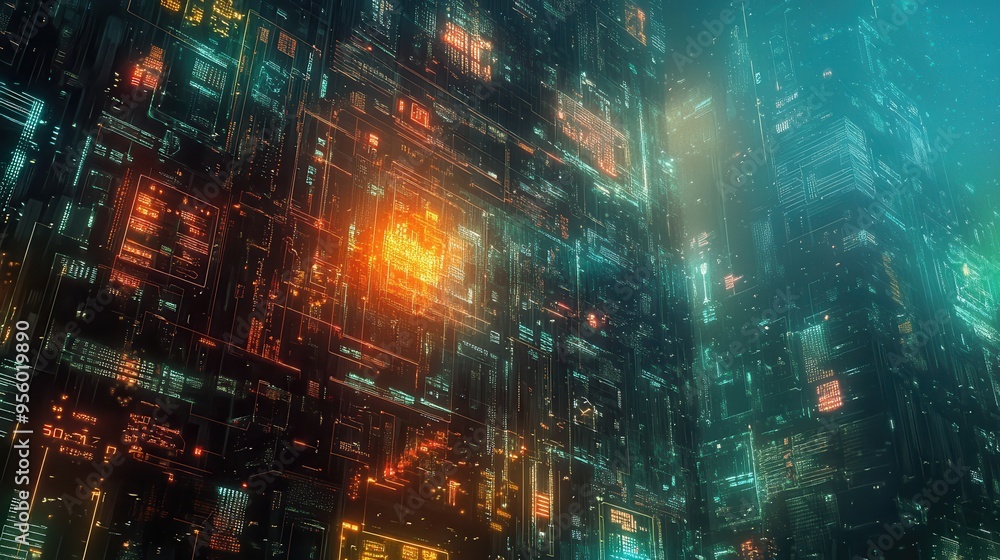 Fototapeta premium Futuristic Drones Building High-Tech Structure with Glowing Circuits in Cyberpunk Style - Dark Tones Digital Painting