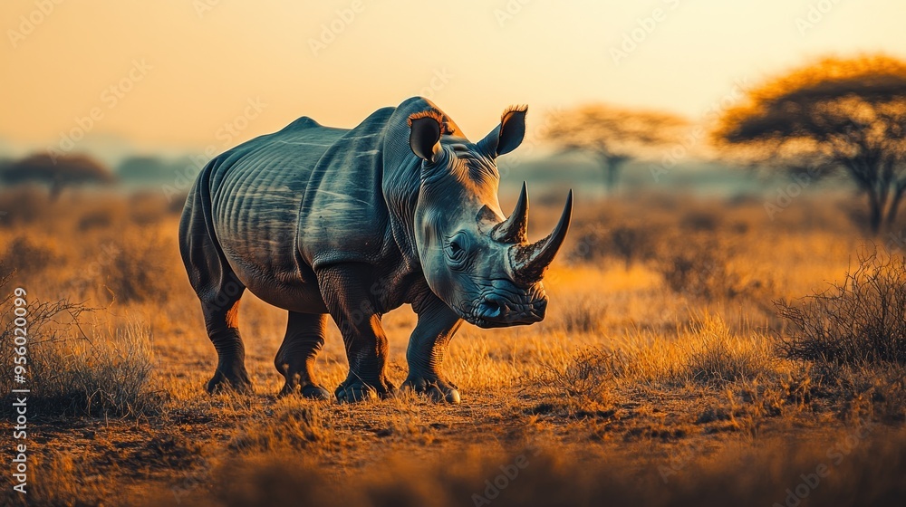 Fototapeta premium White Rhino in the African Savanna at Sunset