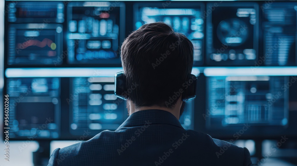 Focused individual analyzing data on multiple screens, representing technology and modern workspace. Focused individual analyzing data on multiple screens, representing technology and modern workspace.