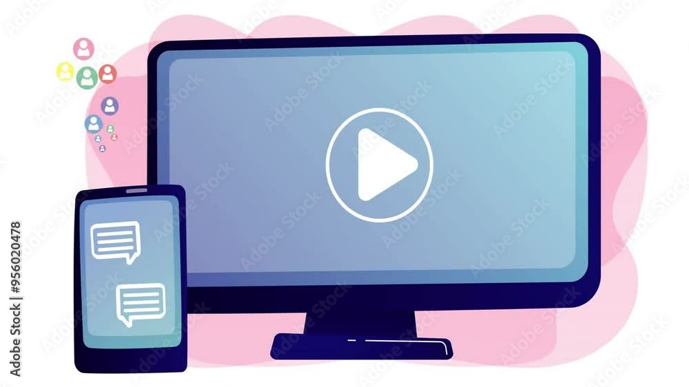 Play button animation over computer monitor and smartphone on pink background Play button animation over computer monitor and smartphone on pink background