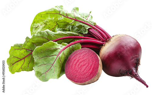 Red beet root with leaves on transparent background, png	