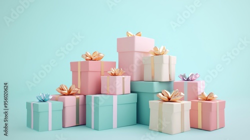 3h Gift Boxes Gift Bags Stacked Together, No Shadows, Simple Illustration, High Resolution, High Detail, Ultra Realistic photo