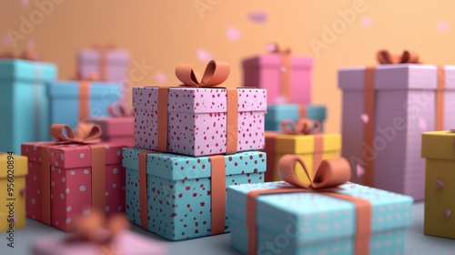 3h Gift Boxes Gift Bags Stacked Together, No Shadows, Simple Illustration, High Resolution, High Detail, Ultra Realistic photo